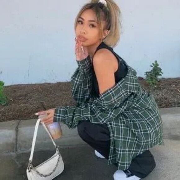 Princess Polly Nora Oversized Forest Green/White Plaid Button Front Shirt 2/XS - Picture 9 of 9